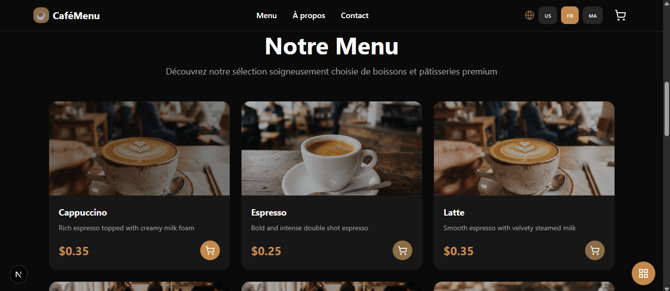 Menu items display with prices