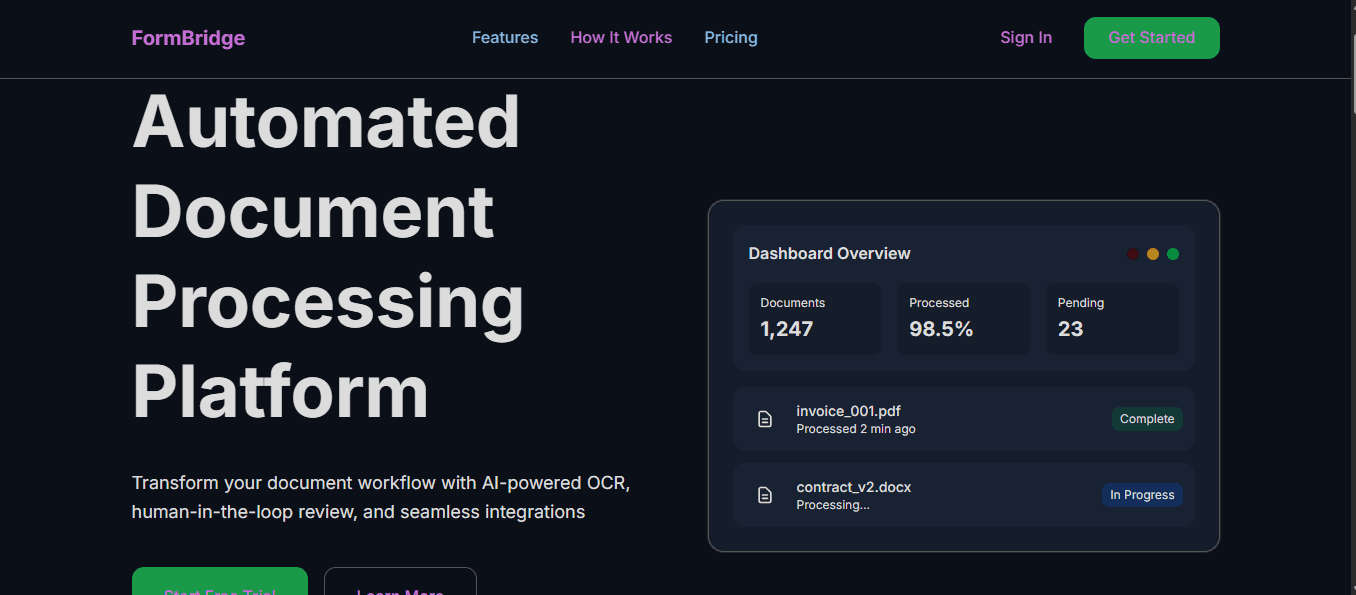 Document upload and processing interface